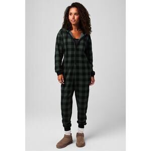 Fabletics Fleece Hooded  Onesie One Piece Pajama, Green Black Womens Sz M